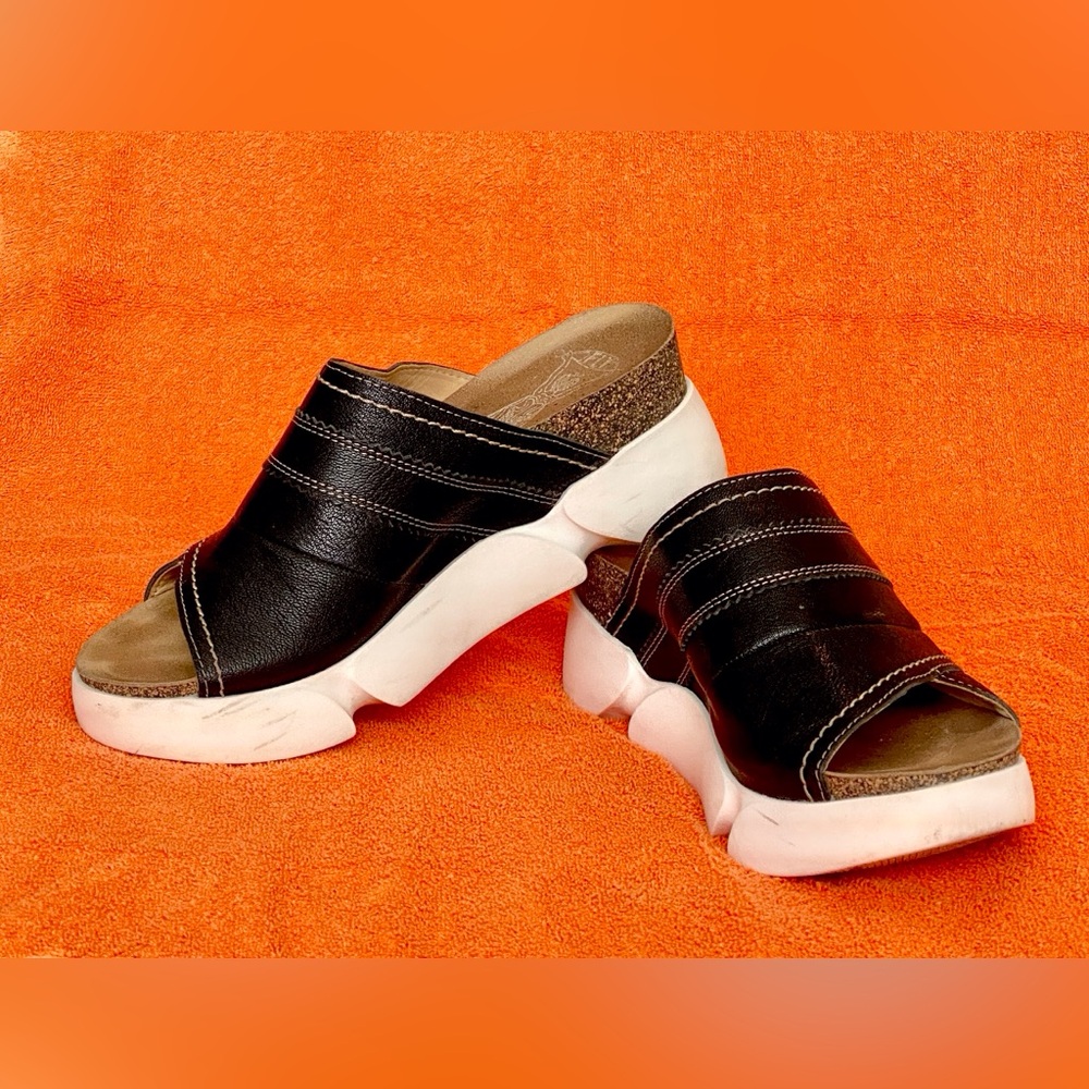 Fly London Black and White Slide Cork Wedge Sandals!